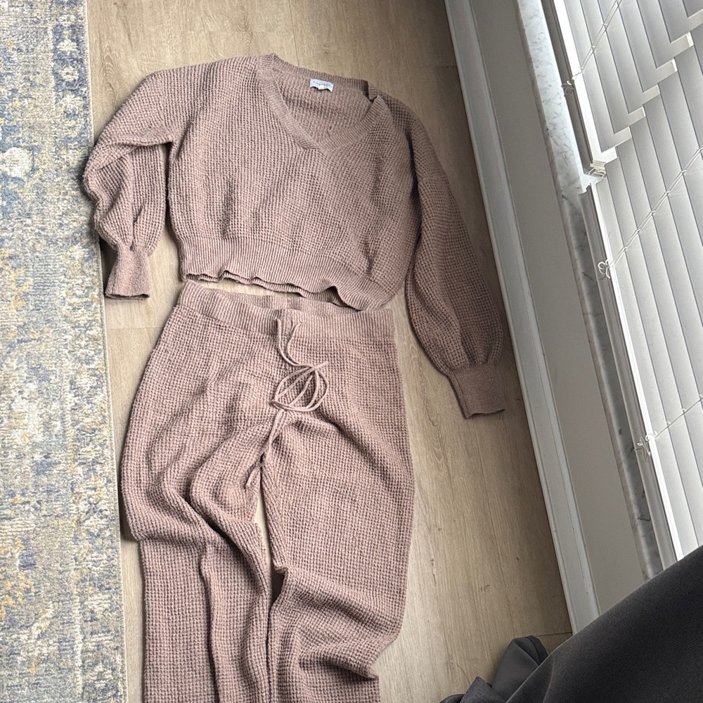 Pink Rose Tan Knit Track Pants & Sweater Set